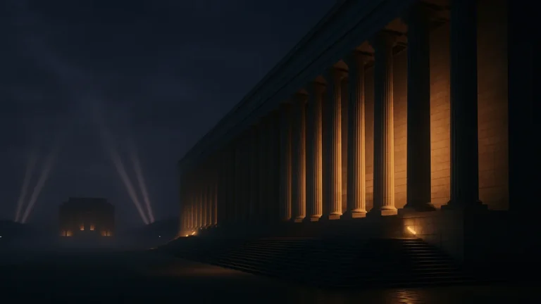 Albert Speer architecture : colonnade néoclassique monumentale au crépuscule, éclairage rasant et ambiance cinématographique, sans texte ni symbole.
