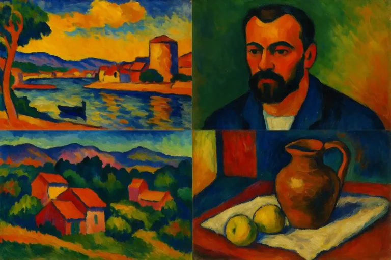 Œuvres fauves d’André Derain en format horizontal avec paysages colorés, portrait et nature morte