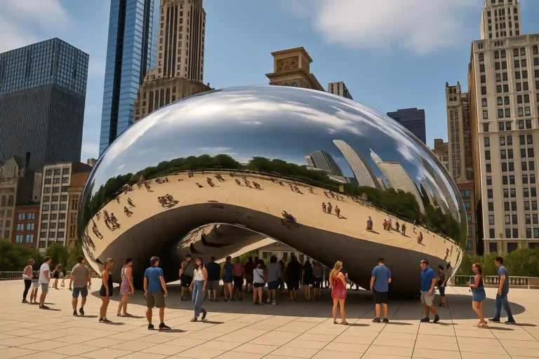 Cloud Gate d’Anish Kapoor à Chicago, sculpture miroir emblématique reflétant la skyline et les visiteurs.