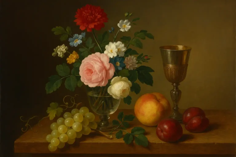 Nature morte d’Anne Vallayer-Coster avec fleurs, fruits et gobelet en argent, démontrant sa virtuosité du XVIIIe siècle.