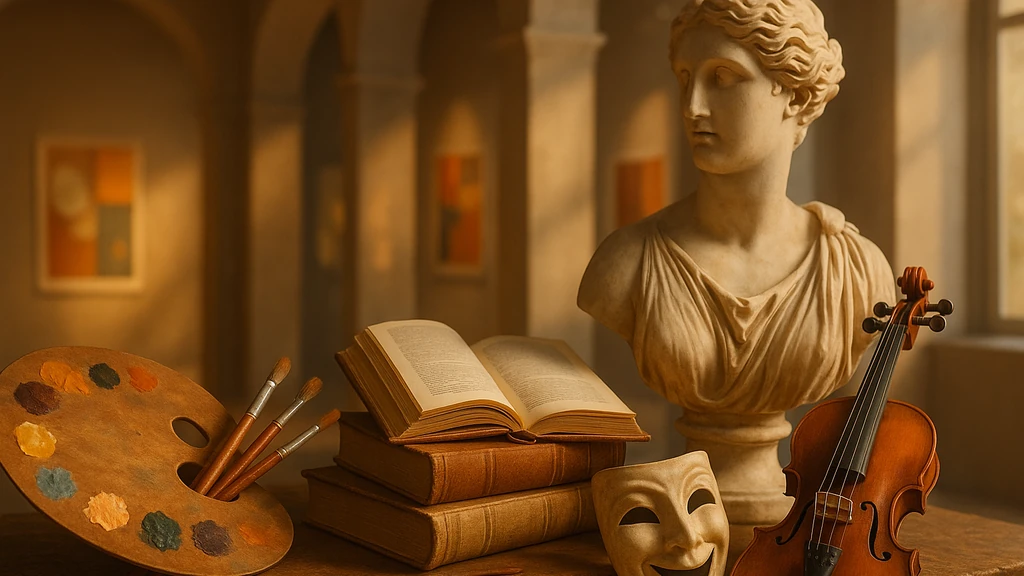 Catégorie Art & Culture – buste classique, palette et pinceaux, livre ouvert, masque de théâtre et violon dans une galerie lumineuse.