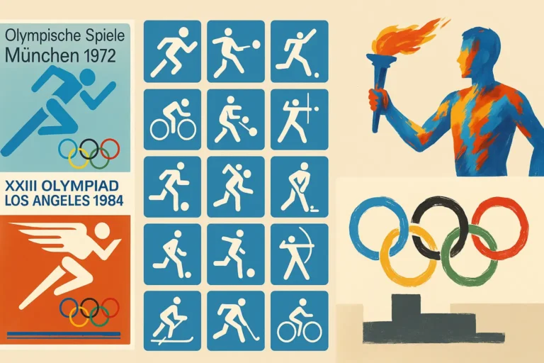 Illustration reliant art et Jeux olympiques avec affiches, pictogrammes et torche symbolique