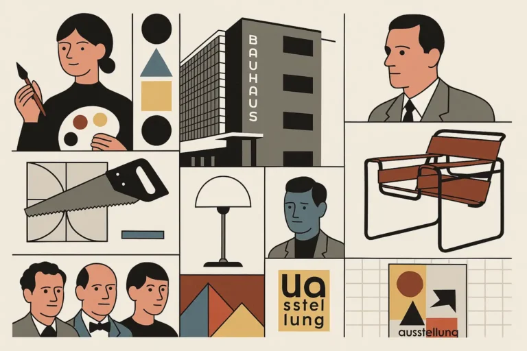 Illustration moderne et géométrique du Bauhaus avec bâtiment de Dessau, mobilier emblématique et figures clés du mouvement.