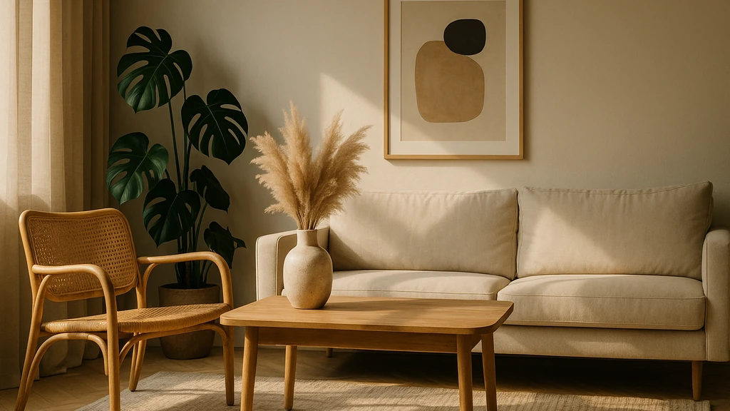 Catégorie Décoration – salon chaleureux style naturel avec fauteuil en rotin, sofa beige, table en bois, vase de pampa et plante Monstera.