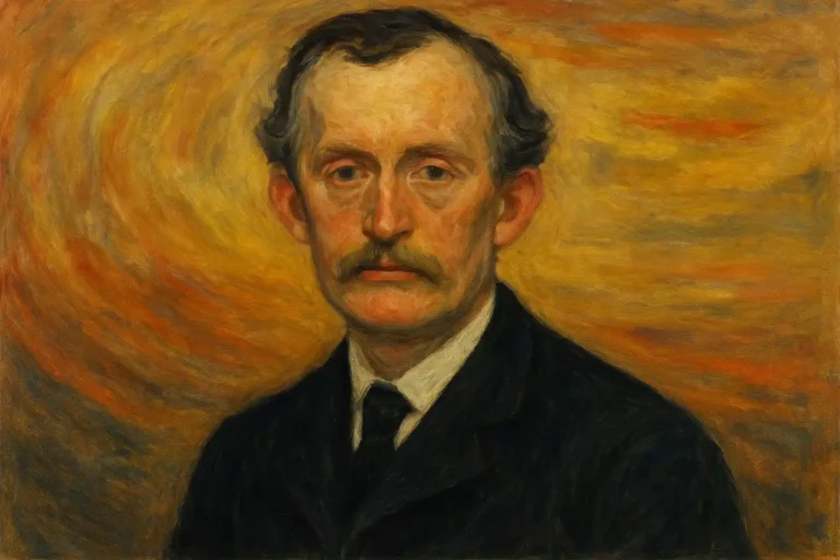 Portrait expressionniste d’Edvard Munch avec fond lumineux tourbillonnant, évoquant son univers artistique.