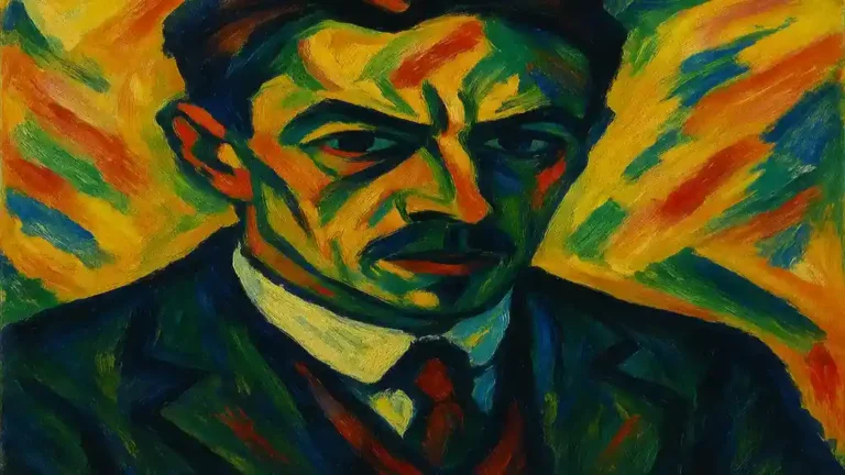 Portrait horizontal d’Ernst Ludwig Kirchner en style expressionniste, couleurs vives et contrastées sur fond dynamique.