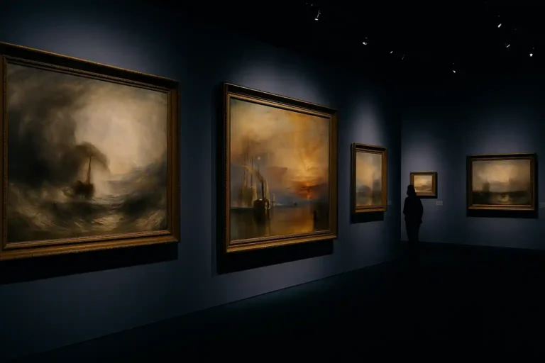 L’exposition Turner au Grimaldi Forum Monaco avec toiles marines et atmosphériques éclairées dans une salle sombre