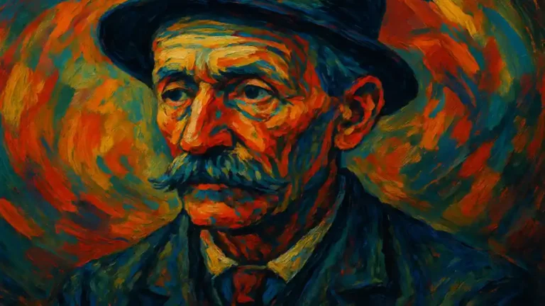 Portrait expressionniste horizontal du Facteur Cheval, couleurs vives et contrastées évoquant son univers créatif et le Palais Idéal.