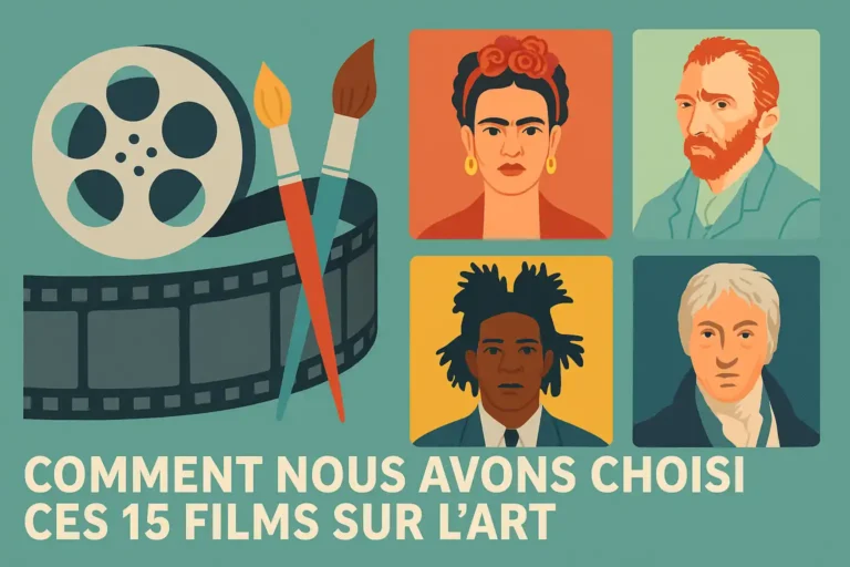 Illustration cinéma et art avec pellicule, pinceaux et portraits de Frida Kahlo, Van Gogh, Basquiat et Turner