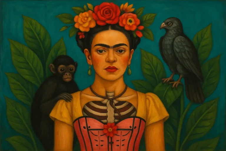 Illustration horizontale inspirée de Frida Kahlo, autoportrait stylisé avec fleurs, symboles mexicains et atmosphère surréaliste.