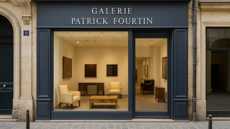 Façade de la Galerie Patrick Fourtin à Paris, architecture élégante avec vitrines exposant mobilier Art déco et design du XXe siècle dans le 1er arrondissement.