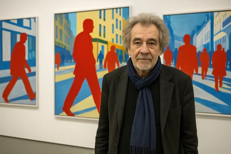 Portrait de Gérard Fromanger devant ses toiles aux silhouettes rouges de la Figuration narrative