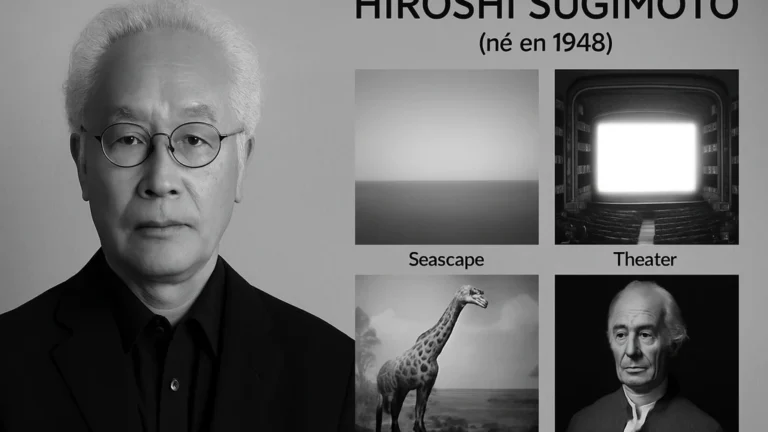 Photographie en noir et blanc dans le style d’Hiroshi Sugimoto, horizon marin minimaliste et atmosphère contemplative rappelant la série « Seascapes ».