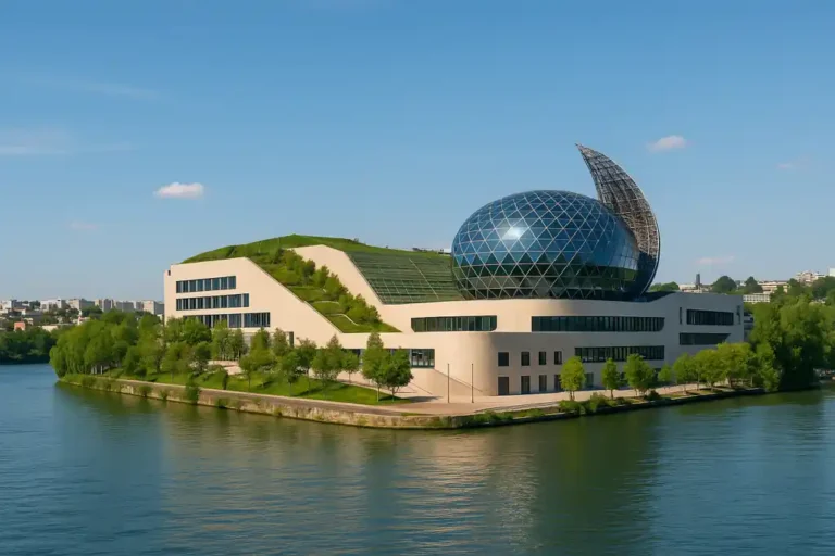 Vue aérienne de l’Île Seguin avec La Seine Musicale et la Seine environnante à Boulogne-Billancourt.