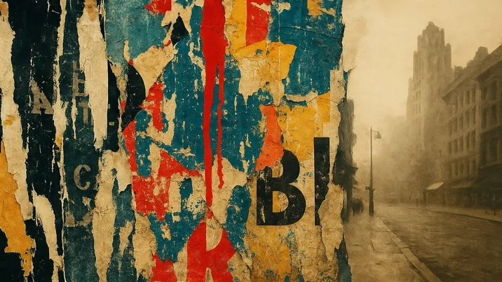 Jacques Villeglé — collage d’affiches lacérées colorées sur mur urbain, style cinématographique réaliste