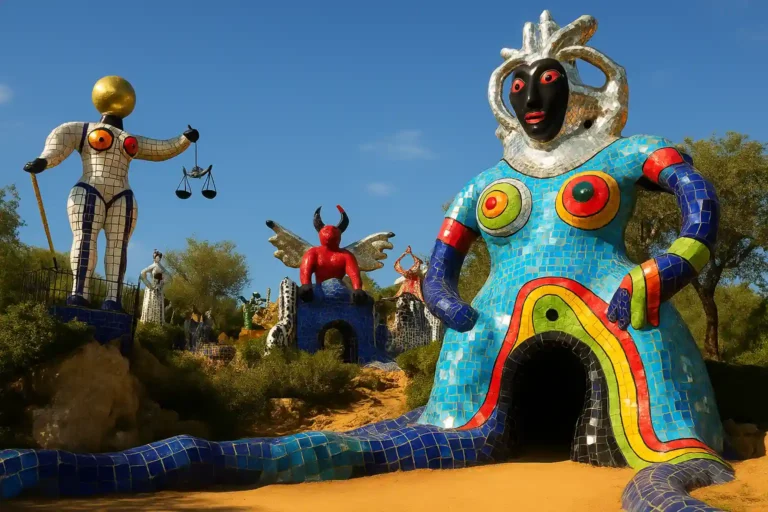 Vue du Jardin des Tarots à Capalbio, sculptures monumentales en mosaïque et miroirs colorés de Niki de Saint Phalle dans un cadre toscan ensoleillé.