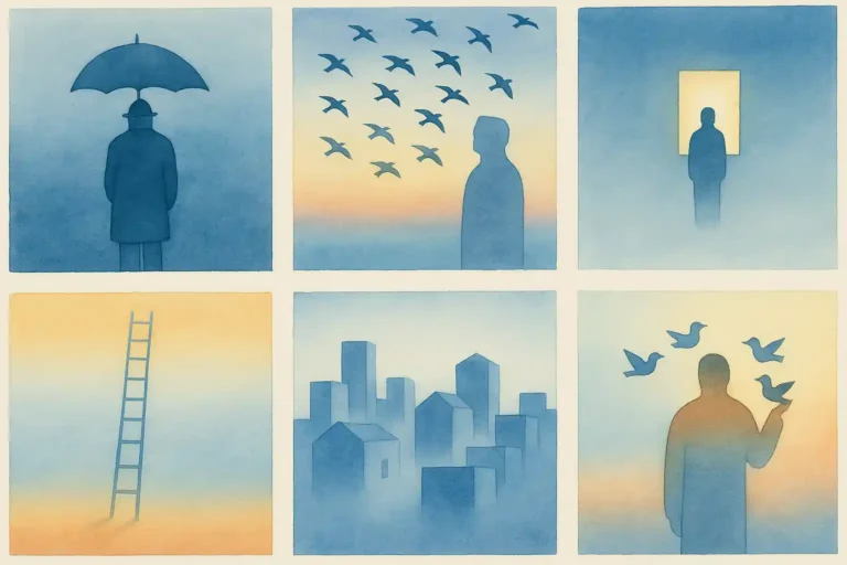 Œuvres aquarelles de Jean-Michel Folon avec silhouettes, oiseaux, échelles et horizons oniriques en dégradés de bleu