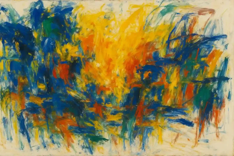 Peinture abstraite lyrique horizontale inspirée de Joan Mitchell, grands gestes colorés expressionnistes