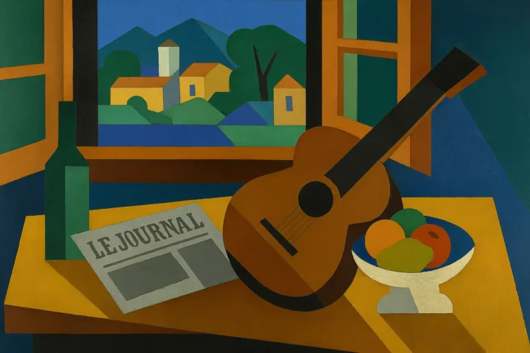 La Fenêtre ouverte (1921) de Juan Gris, version horizontale cubiste avec guitare, journal et fruits devant un paysage méditerranéen stylisé.