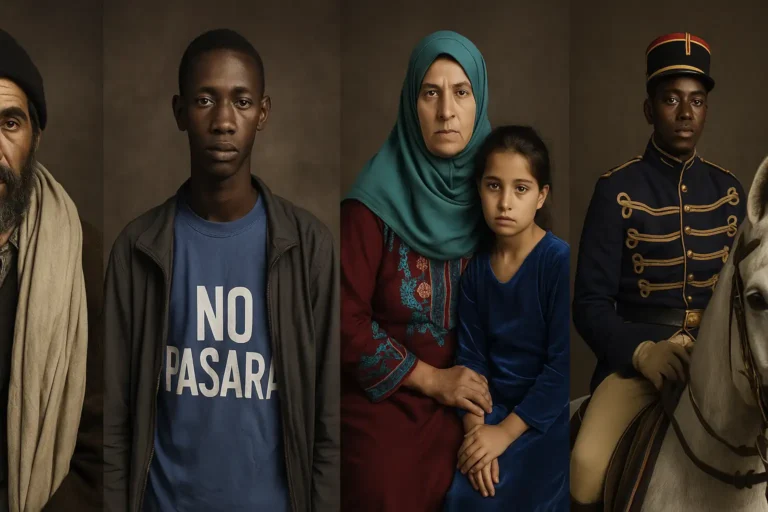 Portraits frontaux inspirés du style de Leila Alaoui, dignité et diversité culturelle sur fond neutre