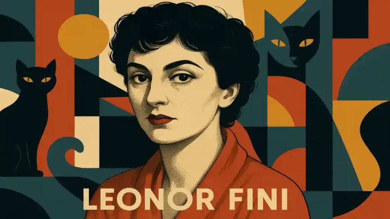 Portrait horizontal de Leonor Fini avec motifs géométriques et chats stylisés, évoquant son univers surréaliste et théâtral.