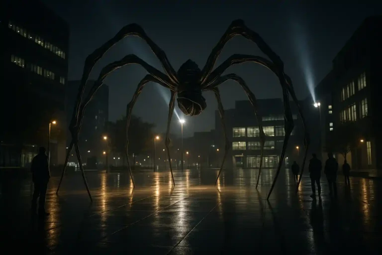 Araignée monumentale métallique abstraite de style Louise Bourgeois sur une place urbaine nocturne avec éclairage dramatique