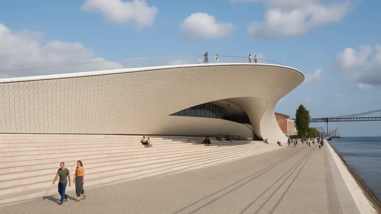 MAAT Lisbonne (Musée d’art, d’architecture et de technologie), bâtiment ondulant en bord du Tage conçu par Amanda Levete, avec promenade sur le toit et vue contemporaine de Belém.