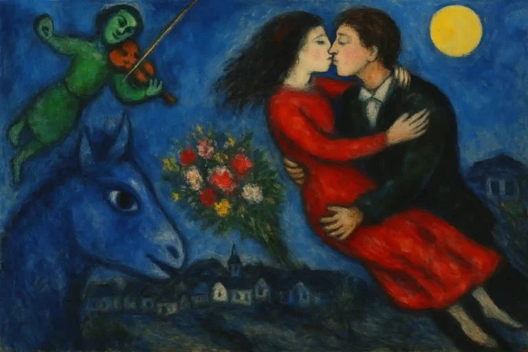 Scène onirique inspirée de Marc Chagall avec personnages flottants, animaux fantastiques et couleurs vives