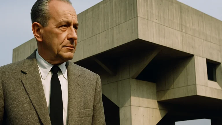 Marcel Breuer devant une architecture brutaliste en béton apparent, volumes massifs et porte-à-faux sculpturaux typiques de son style moderniste.