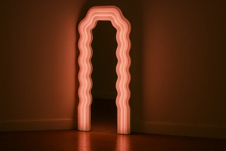 Miroir Ultrafragola d’Ettore Sottsass diffusant une lumière rosée iconique du design italien