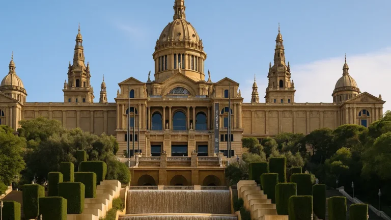 Musée national d'art de Catalogne (MNAC), Palau Nacional de Montjuïc à Barcelone – façade majestueuse avec dôme et escaliers monumentaux, vue culturelle et panoramique.