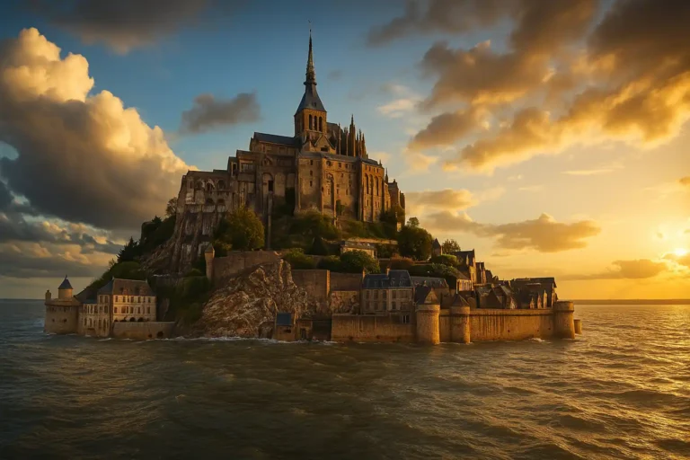 Vue panoramique du Mont-Saint-Michel entouré par la mer lors d’une grande marée, avec l’abbaye illuminée par le soleil couchant et ses remparts reflétés dans l’eau.