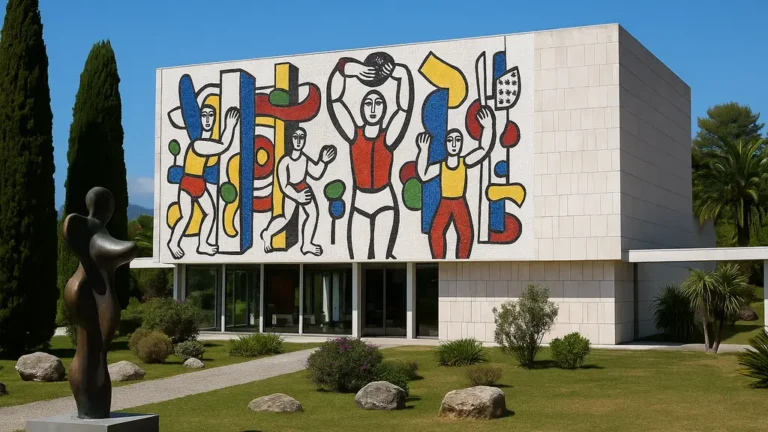 Musée national Fernand Léger à Biot, façade moderniste avec mosaïque monumentale « Les Enfants au sport », jardin méditerranéen et sculpture contemporaine.