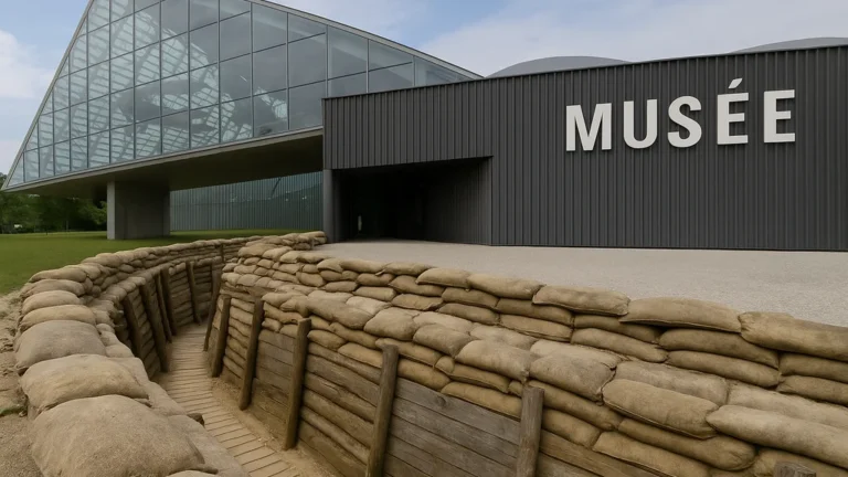Musée de la Grande Guerre à Meaux, bâtiment contemporain avec façade vitrée et reconstitution de tranchée en premier plan