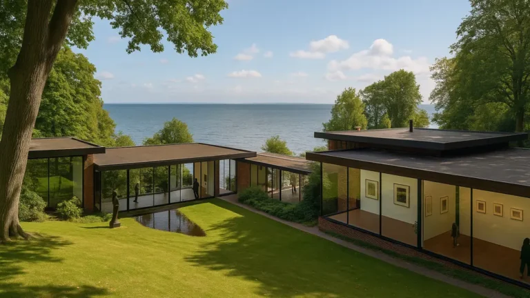 Louisiana Museum of Modern Art à Humlebæk, architecture moderniste intégrée dans un parc verdoyant en bord d’Øresund, avec galeries vitrées et vue sur la mer