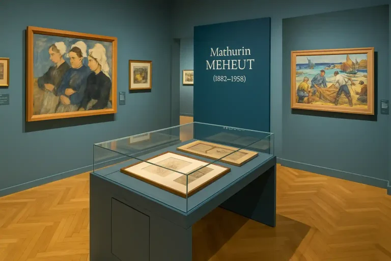 Salle du musée Mathurin-Méheut à Lamballe avec peintures bretonnes et vitrines d’exposition