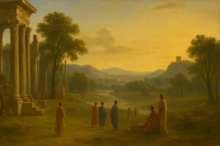 Paysage classique inspiré de Nicolas Poussin avec colonnades antiques et lumière dorée