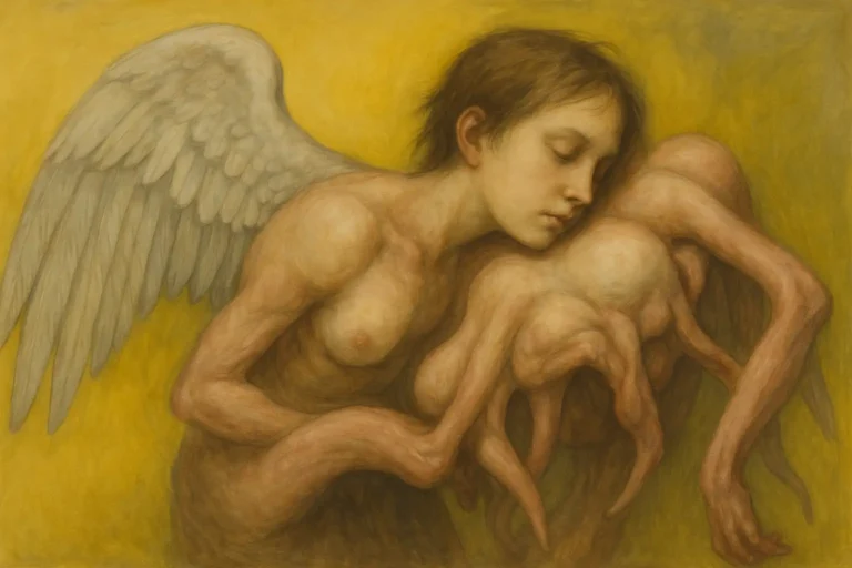 Oda Jaune peinture contemporaine avec figure hybride angélique et organique