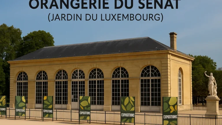 Orangerie du Sénat dans le Jardin du Luxembourg à Paris, bâtiment néoclassique en pierre avec grandes verrières, entouré de verdure et d’allées du jardin.