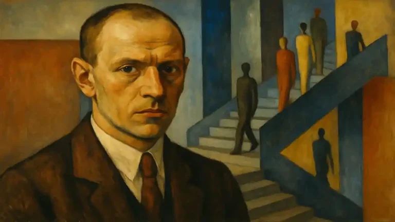 Portrait horizontal d’Oskar Schlemmer avec fond géométrique inspiré du Bauhaus, évoquant son univers artistique et scénique.