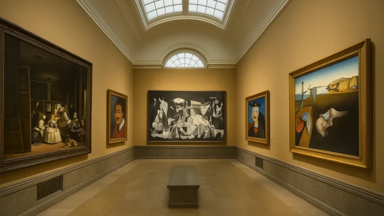 Salle de musée présentant des chefs-d’œuvre de peintres espagnols, avec Velázquez, Picasso, Dalí et Miró exposés dans un cadre lumineux et patrimonial.