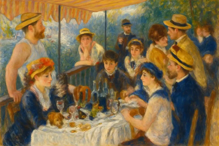 Scène impressionniste lumineuse inspirée de Pierre-Auguste Renoir, avec des personnages attablés en plein air dans une atmosphère festive et chaleureuse.