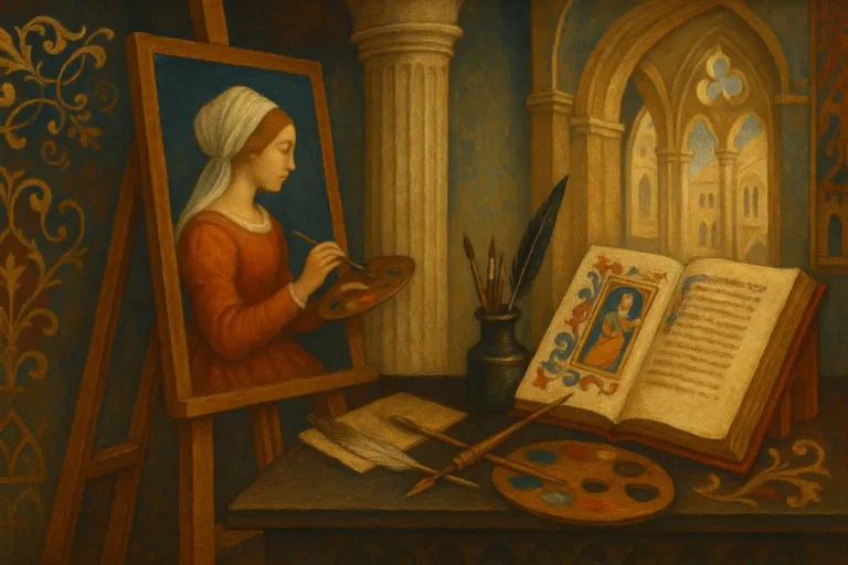 Atelier symbolique Renaissance avec palette de peintre, enluminure ouverte et architecture gothique en arrière-plan, illustrant les pionnières féminines de l’art.
