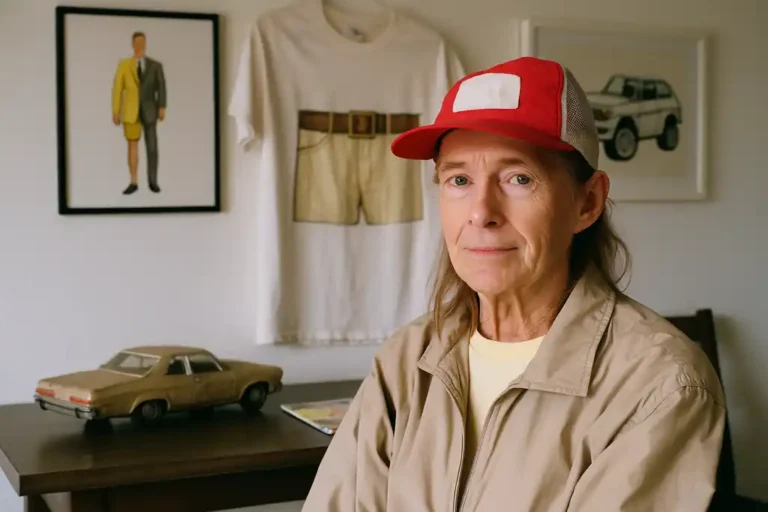 Portrait de Pippa Garner dans son studio, entourée de ses œuvres satiriques sur le consumérisme et le genre.