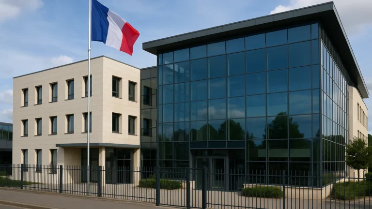 Bâtiment institutionnel français moderne en verre et pierre avec drapeau tricolore, symbolisant la transparence et la vie publique
