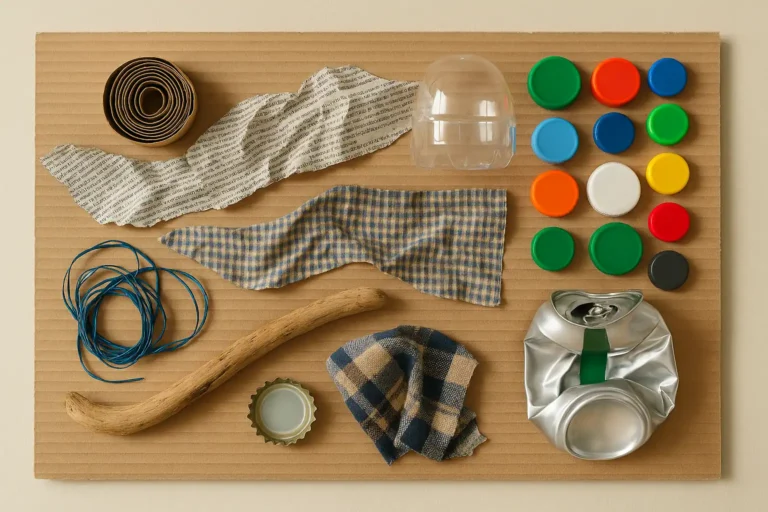 Œuvre de récupération artistique composée de carton, plastique, métal et textiles recyclés