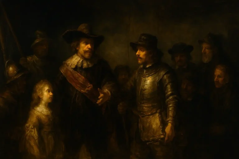 Scène baroque en clair-obscur inspirée de Rembrandt, avec personnages éclairés par une lumière dorée dramatique.