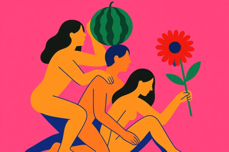 Illustration horizontale inspirée de Ren Hang, avec des corps stylisés colorés, une pastèque et une fleur sur fond rose vif.