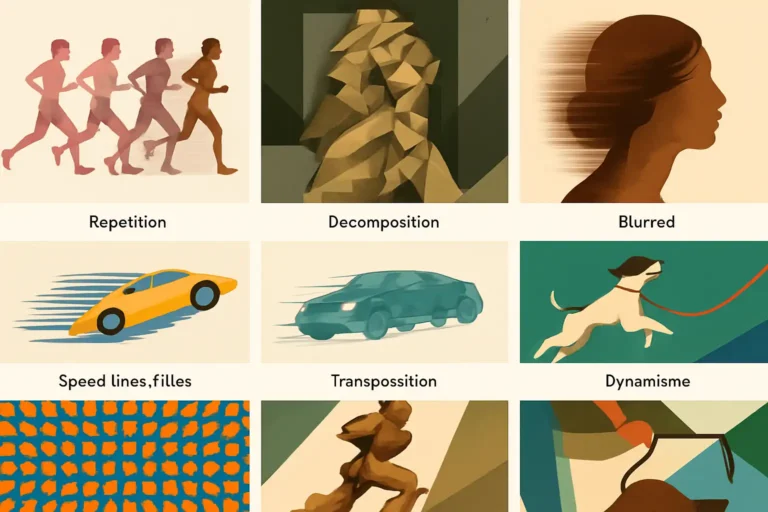 Illustration artistique de différentes techniques visuelles pour représenter le mouvement en image fixe, sans texte explicatif.