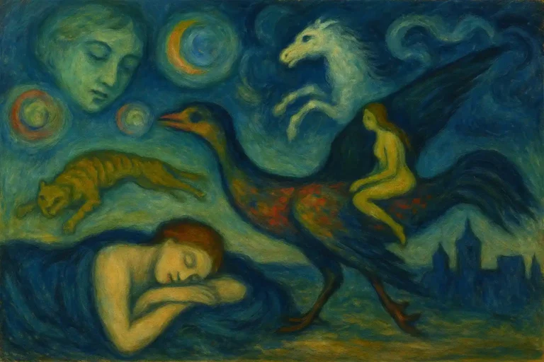 Illustration onirique et surréaliste du rêve en art, inspirée du symbolisme et du surréalisme avec créatures fantastiques et ciel étoilé.